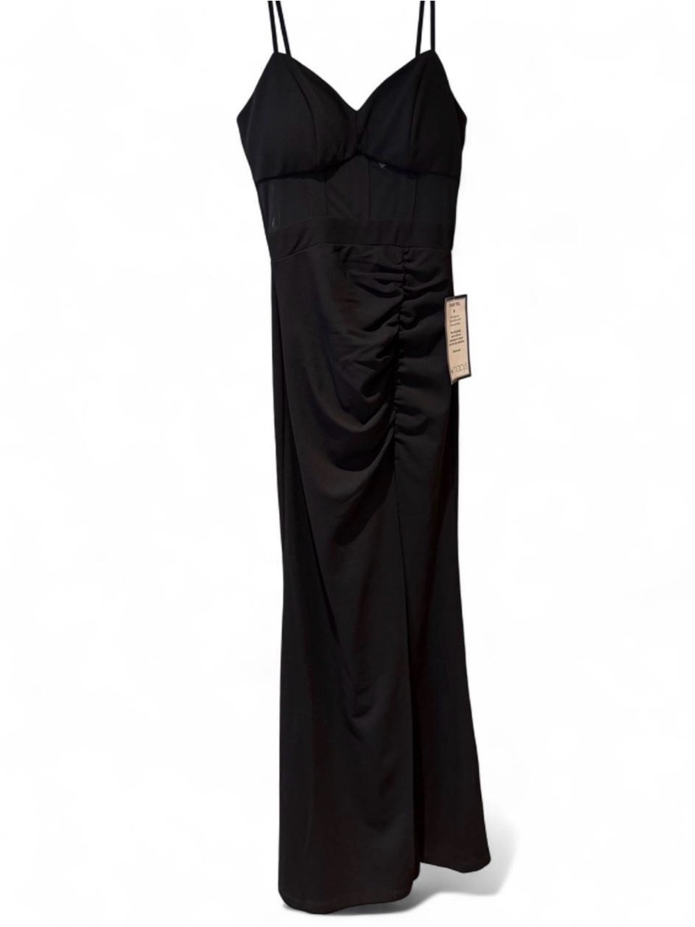 Emerald Sundae Black Spaghetti-Strap Ruched Evening Gown